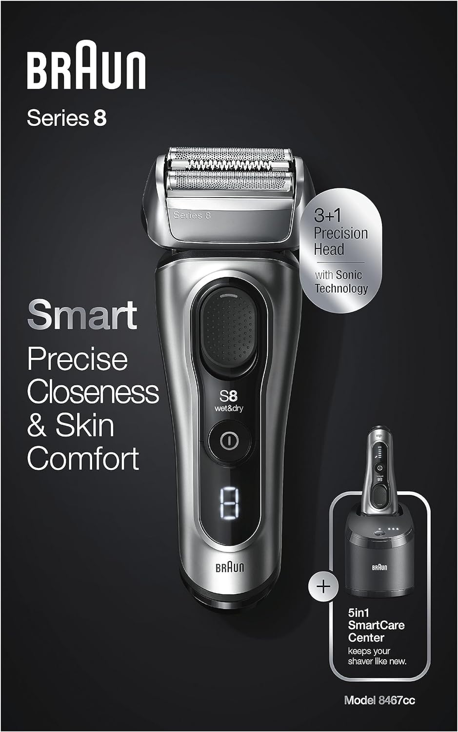 Series 8 Rasierer Herren mit 3+1 Scherkopf, Elektrorasierer Trimmer, Sonic-Technologie, 8467cc, silber
