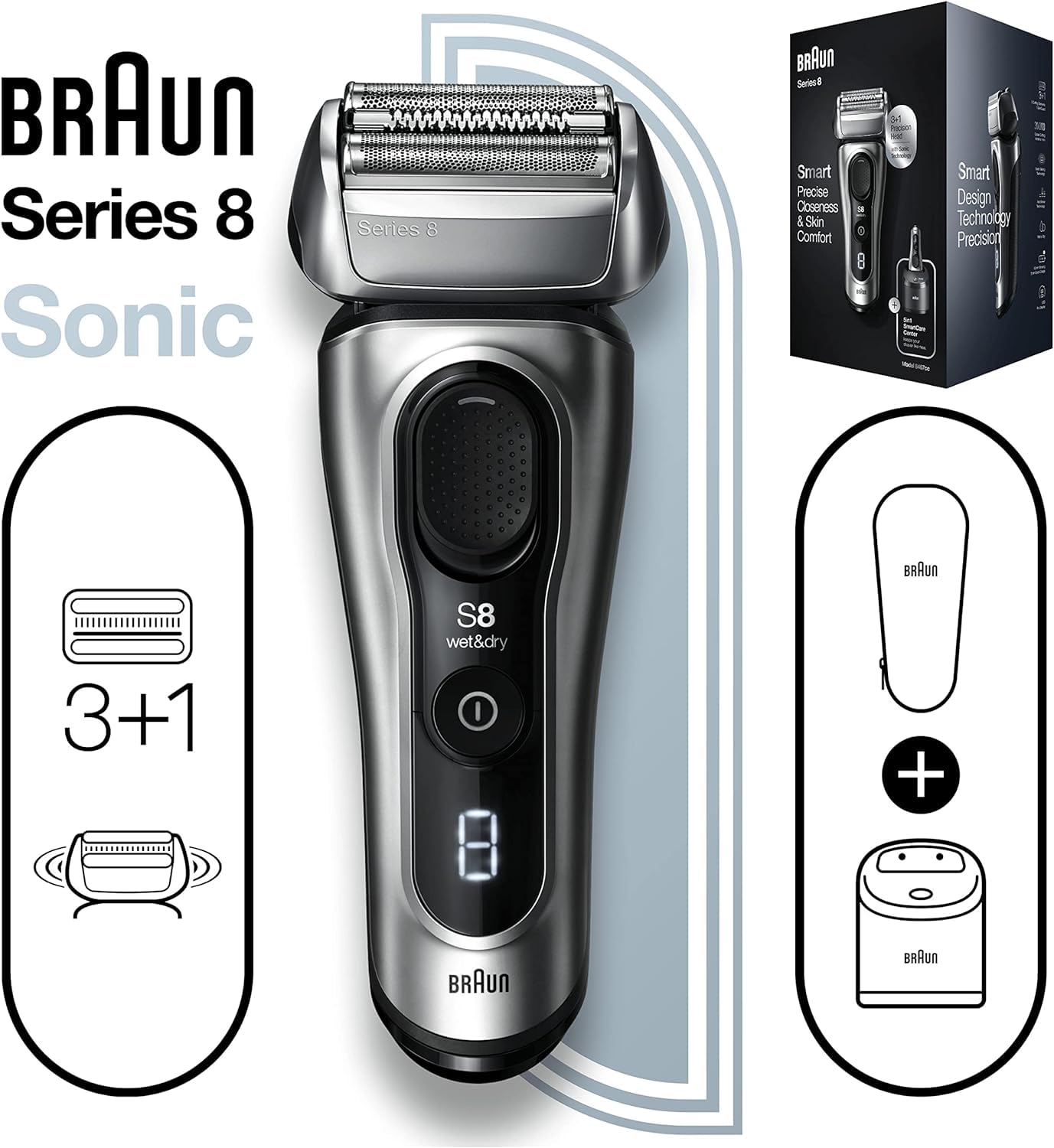 Series 8 Rasierer Herren mit 3+1 Scherkopf, Elektrorasierer Trimmer, Sonic-Technologie, 8467cc, silber
