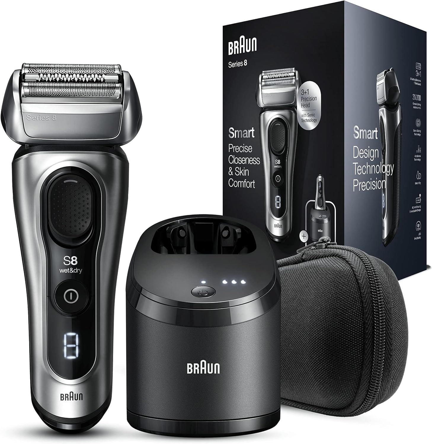 Series 8 Rasierer Herren mit 3+1 Scherkopf, Elektrorasierer Trimmer, Sonic-Technologie, 8467cc, silber