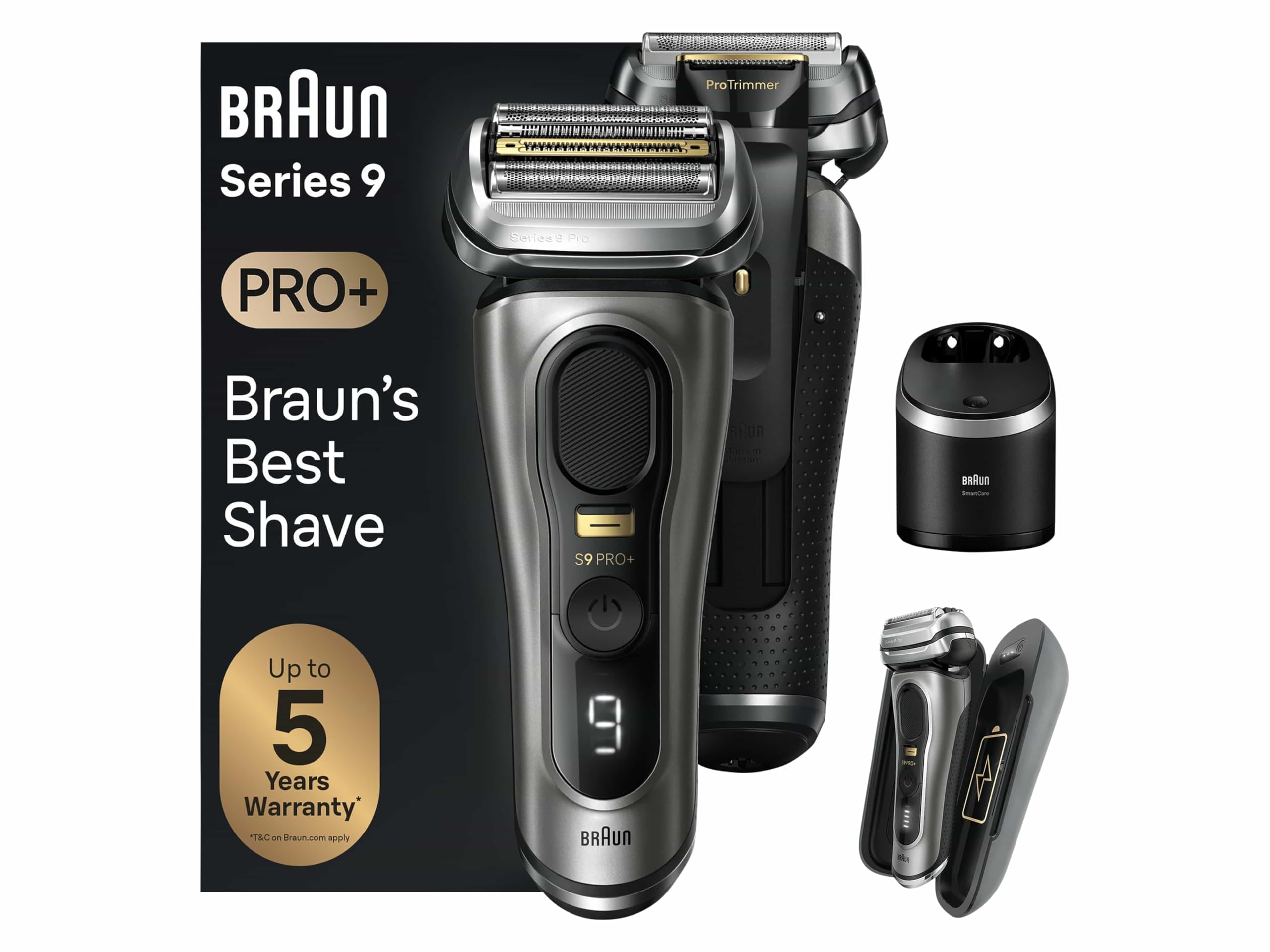 Series 9 Pro+ Rasierer Herren, Elektrorasierer mit 5 Pro Rasierelementen, Langhaarschneider & Reinigungsstation, Rasierer-Ladeetui PowerCase, 60 Min Laufzeit, 9575 cc, Edelmetall