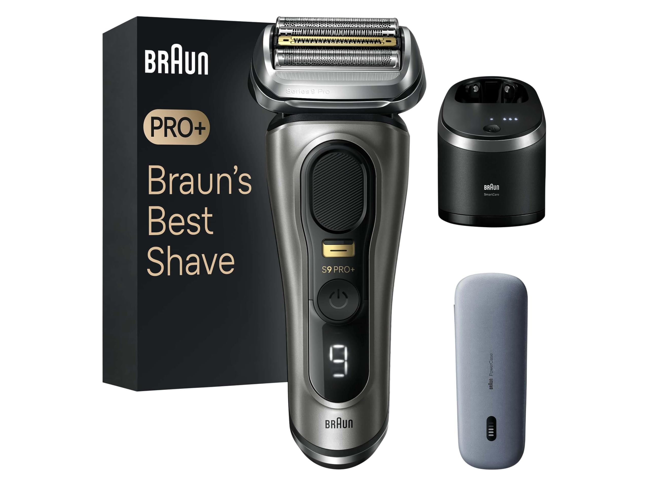 Series 9 Pro+ Rasierer Herren, Elektrorasierer mit 5 Pro Rasierelementen, Langhaarschneider & Reinigungsstation, Rasierer-Ladeetui PowerCase, 60 Min Laufzeit, 9575 cc, Edelmetall