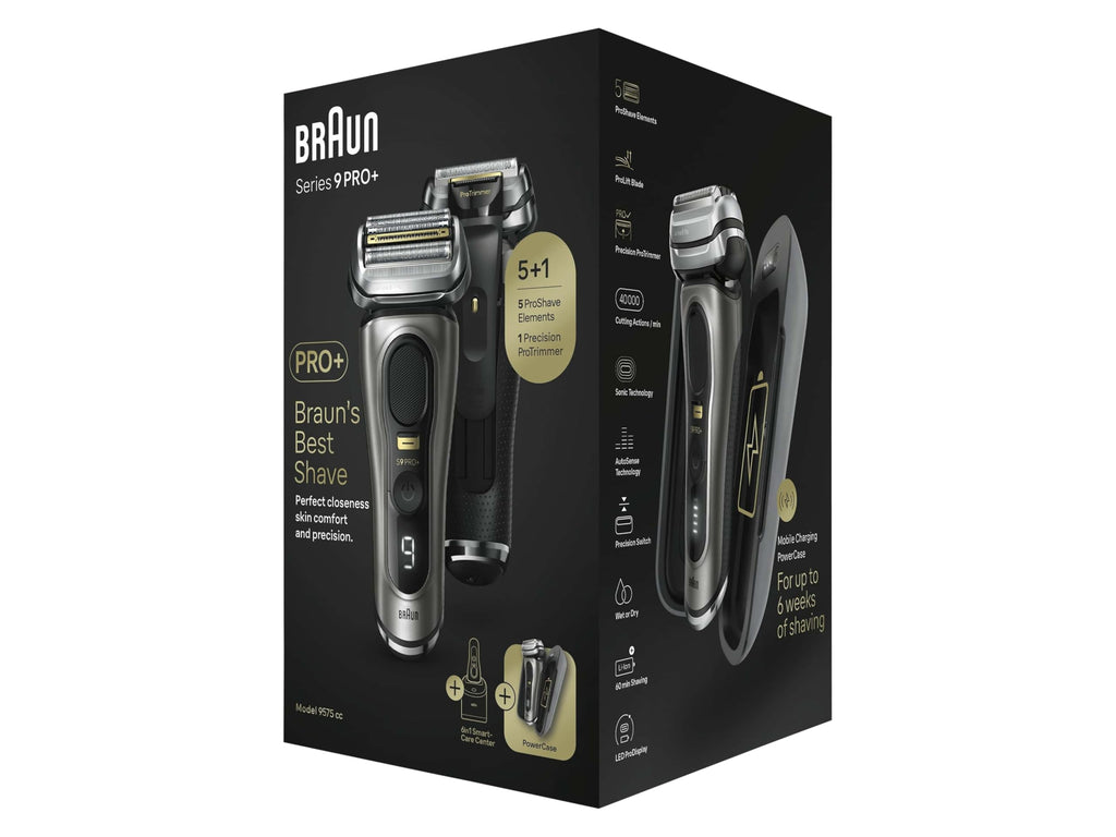 Series 9 Pro+ Rasierer Herren, Elektrorasierer mit 5 Pro Rasierelementen, Langhaarschneider & Reinigungsstation, Rasierer-Ladeetui PowerCase, 60 Min Laufzeit, 9575 cc, Edelmetall