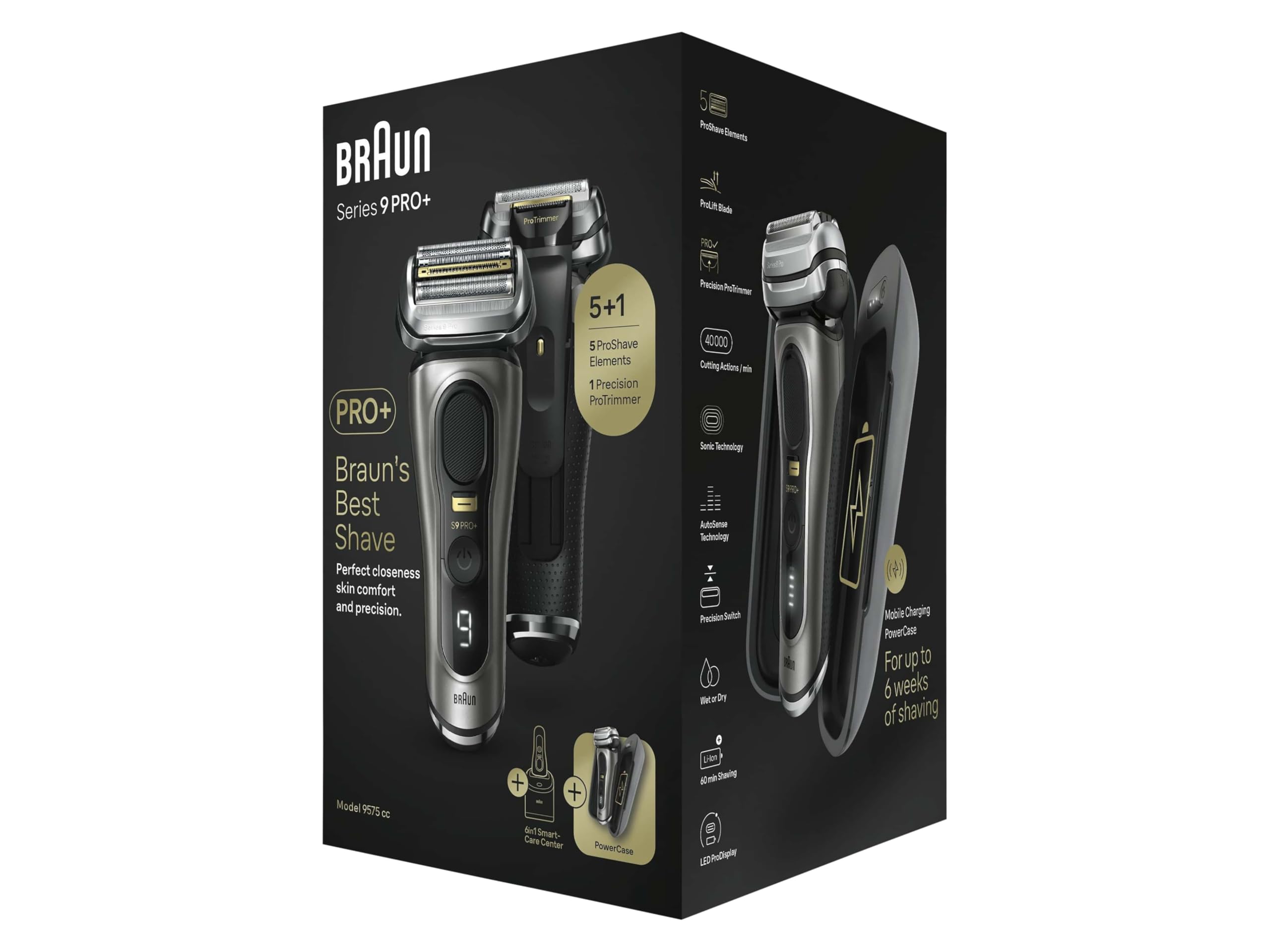 Series 9 Pro+ Rasierer Herren, Elektrorasierer mit 5 Pro Rasierelementen, Langhaarschneider & Reinigungsstation, Rasierer-Ladeetui PowerCase, 60 Min Laufzeit, 9575 cc, Edelmetall