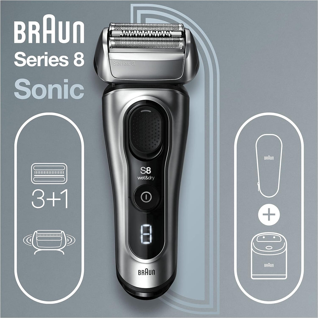 Series 8 Rasierer Herren mit 3+1 Scherkopf, Elektrorasierer Trimmer, Sonic-Technologie, 8467cc, silber