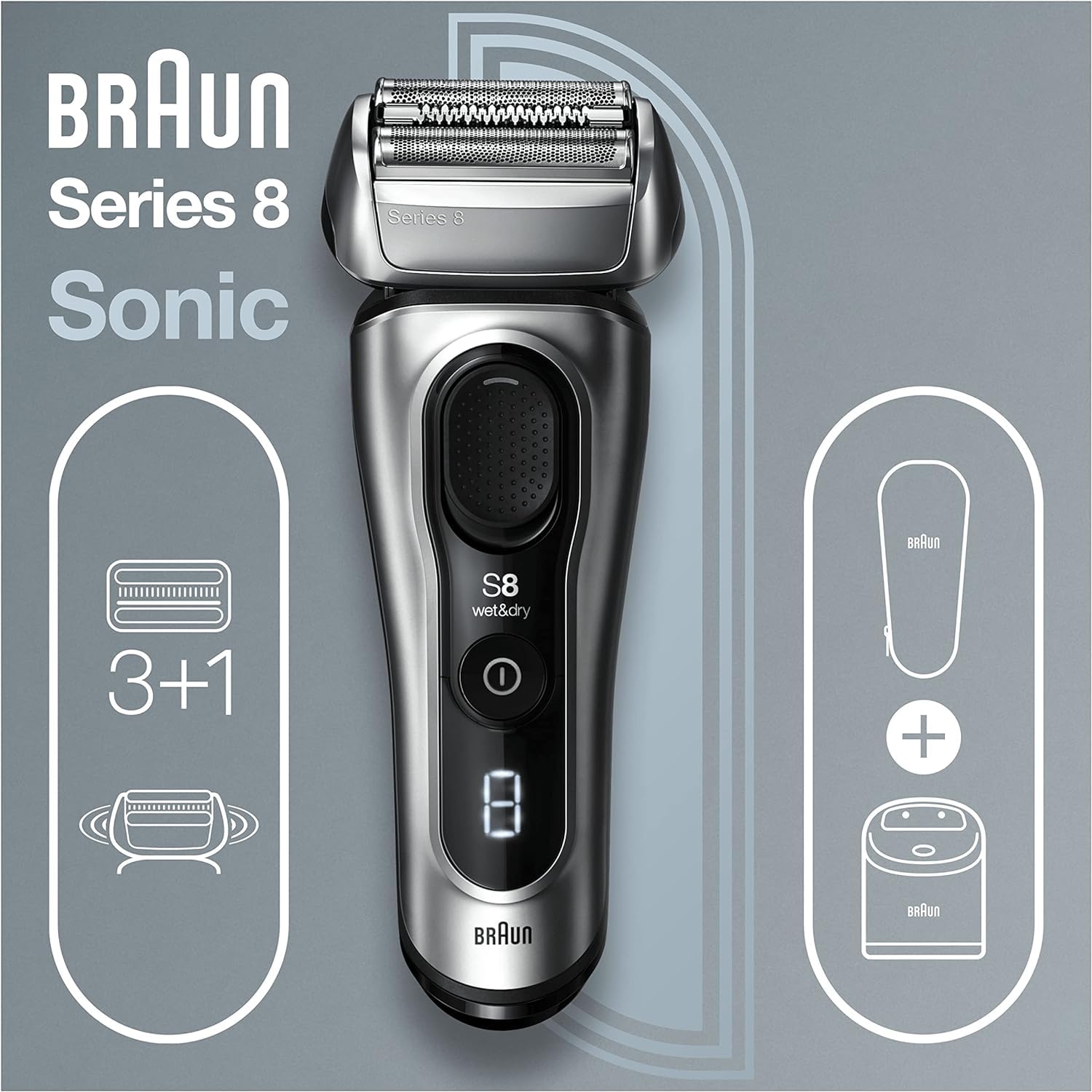 Series 8 Rasierer Herren mit 3+1 Scherkopf, Elektrorasierer Trimmer, Sonic-Technologie, 8467cc, silber