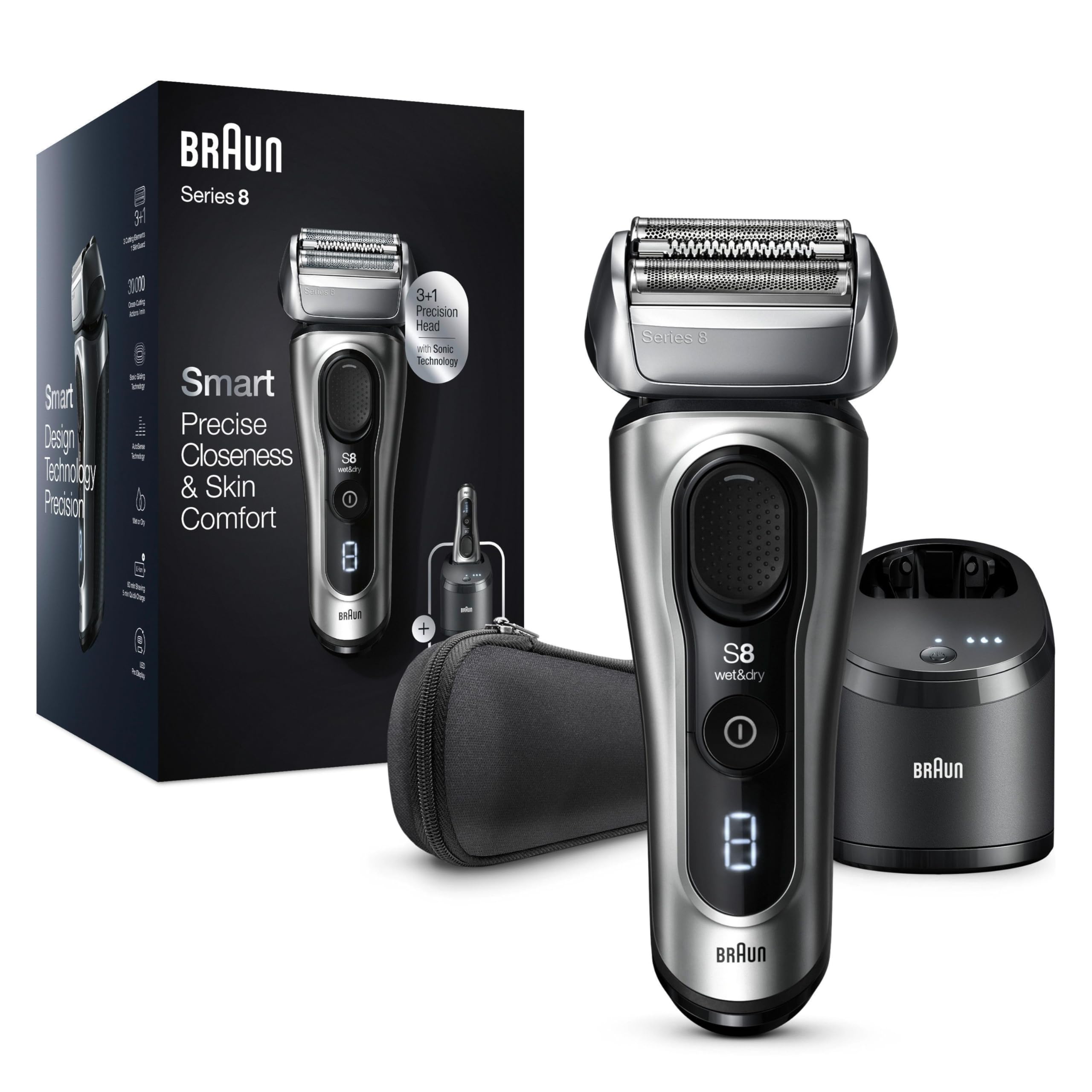 Series 8 Rasierer Herren mit 3+1 Scherkopf, Elektrorasierer Trimmer, Sonic-Technologie, 8467cc, silber