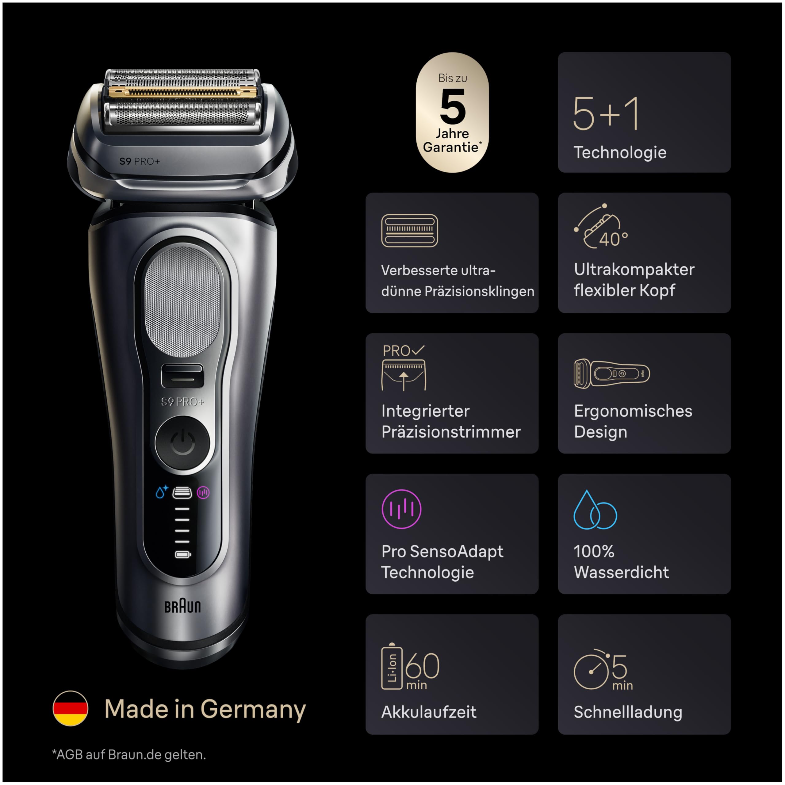 Series 9 PRO+ Elektrorasierer Herren, 5+1 Ultradünne Präzisionsklingen, Pro-SensoAdapt, 9617psi, Silber