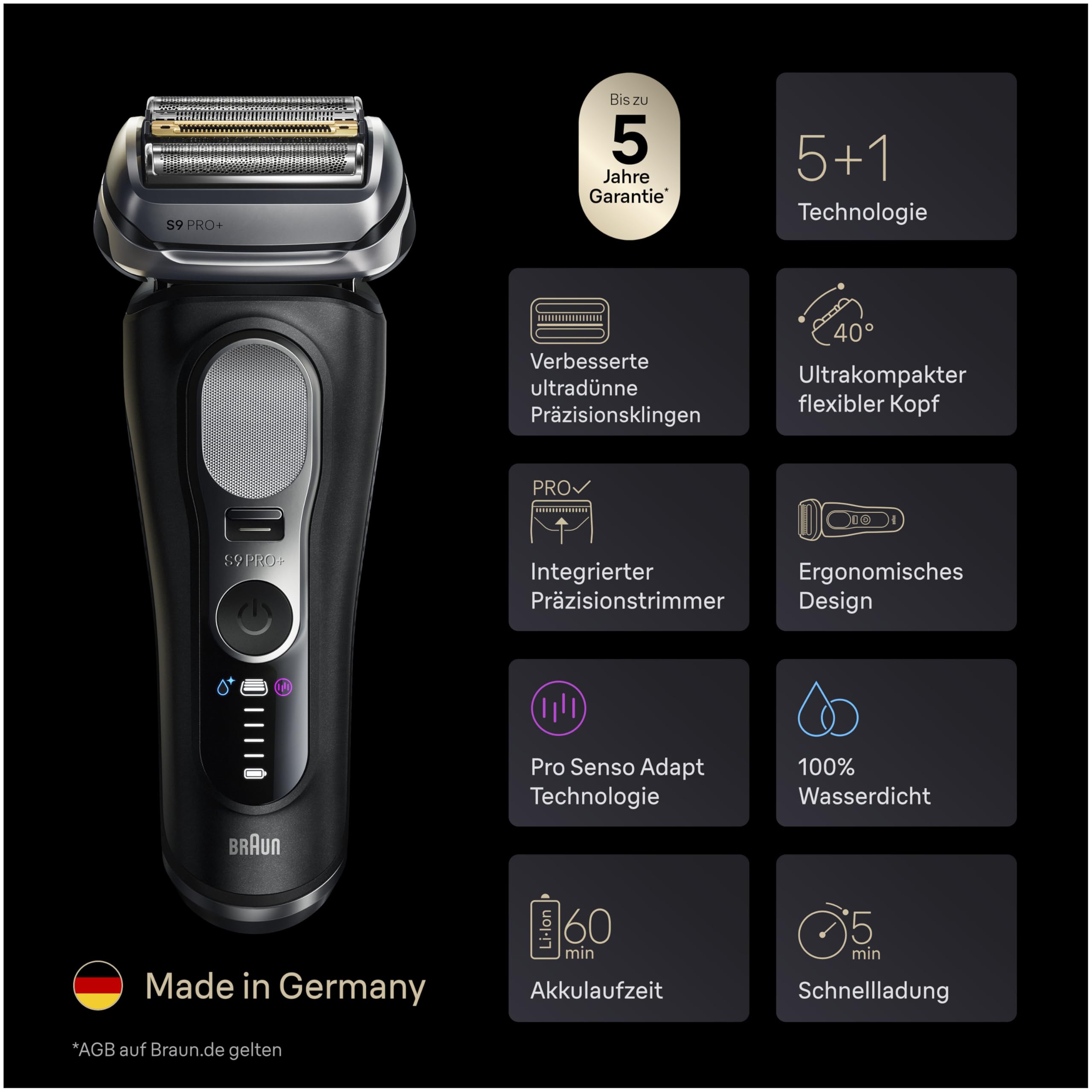 Series 9 PRO+ Elektrorasierer Herren, 5+1 Ultradünne Präzisionsklingen, Pro-SensoAdapt, 9690cce, Schwarz