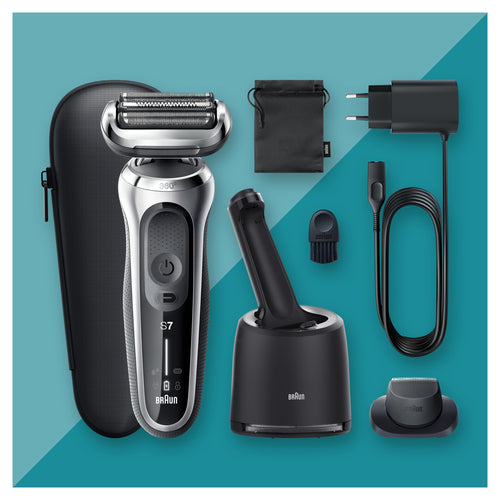 Series 7 Elektrorasierer 360° Flex mit Reinigungsstation, Trimmer Rasierer Herren Elektrisch, 71-S7200cc, silber